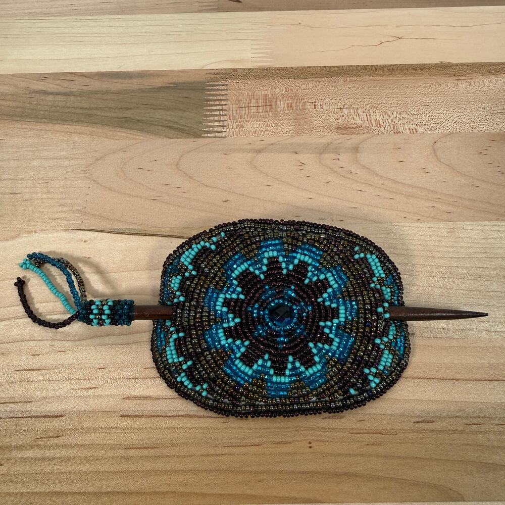 Boho Beaded Hair Slide Wooden Stick Turquoise Blue Seed Bead Accessory Cowgirl